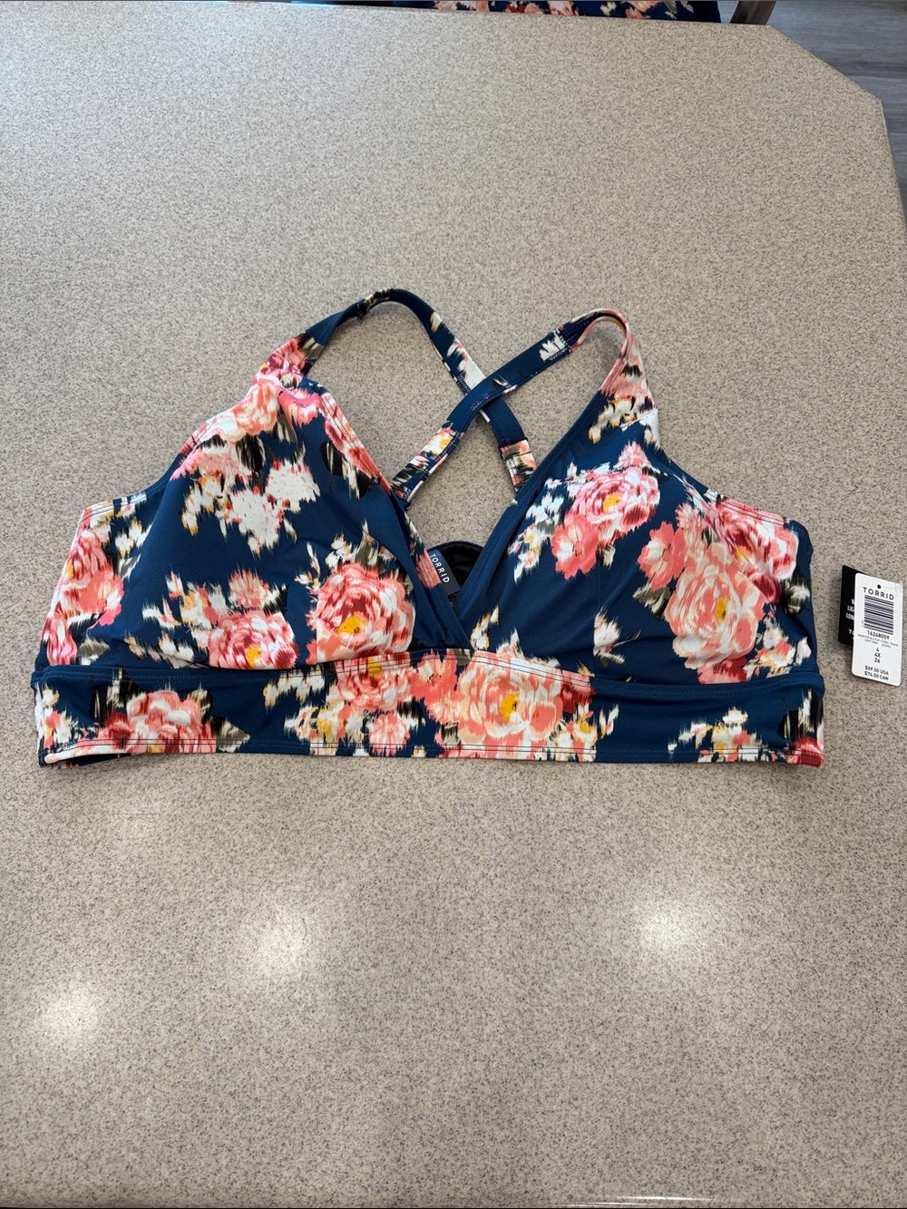 NWT Torrid Floral Strappy swim top (only)- Navy with Pink Roses W plus 4X